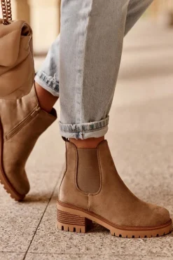 Niskie Klasyczne Zamszowe Botki Sztyblety Beżowe Lalyllis