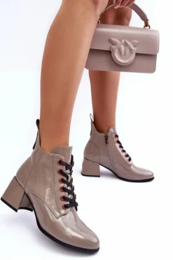 Niskie Lakierowane Botki Sznurowane S.Barski MR870-66 Ciemnobeżowe