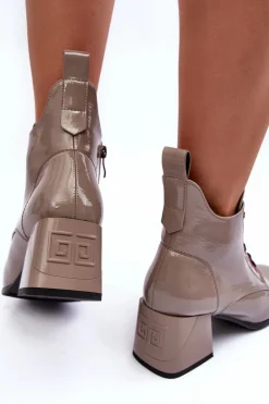 Niskie Lakierowane Botki Sznurowane S.Barski MR870-66 Ciemnobeżowe