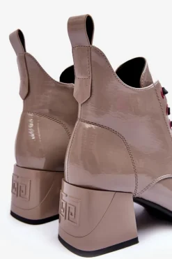 Niskie Lakierowane Botki Sznurowane S.Barski MR870-66 Ciemnobeżowe