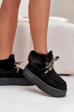 Niskie Śniegowce Damskie Na Platformie Z Futerkiem Czarne Neathren