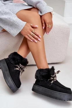 Niskie Śniegowce Damskie Na Platformie Z Futerkiem Czarne Neathren