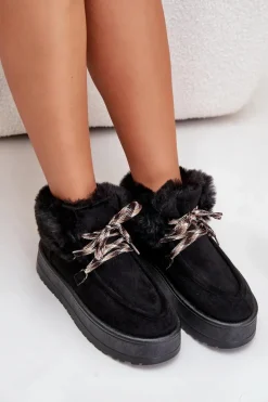 Niskie Śniegowce Damskie Na Platformie Z Futerkiem Czarne Neathren