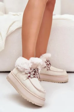Niskie Śniegowce Damskie Na Platformie Z Futerkiem Jasnobeżowe Neathren