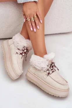 Niskie Śniegowce Damskie Na Platformie Z Futerkiem Jasnobeżowe Neathren