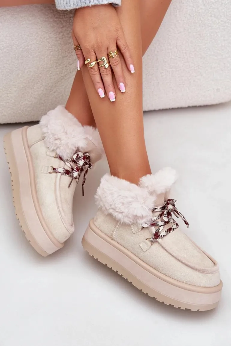 Niskie Śniegowce Damskie Na Platformie Z Futerkiem Jasnobeżowe Neathren