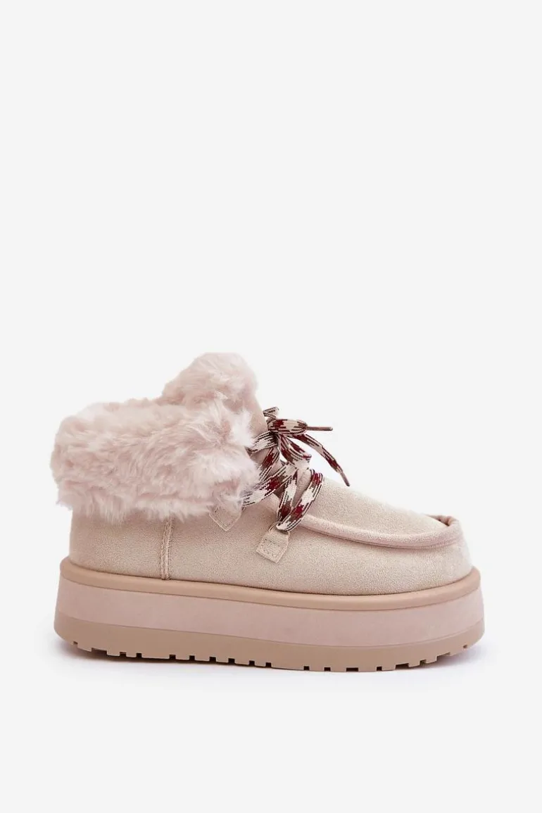 Niskie Śniegowce Damskie Na Platformie Z Futerkiem Jasnobeżowe Neathren