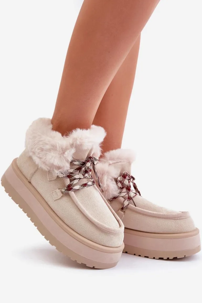 Niskie Śniegowce Damskie Na Platformie Z Futerkiem Jasnobeżowe Neathren