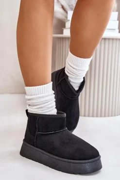 Niskie Śniegowce Damskie Na Platformie Ocieplane Futerkiem Czarne Saldren