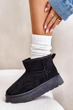 Niskie Śniegowce Damskie Na Platformie Ocieplane Futerkiem Czarne Saldren