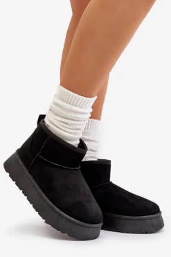 Niskie Śniegowce Damskie Na Platformie Ocieplane Futerkiem Czarne Saldren