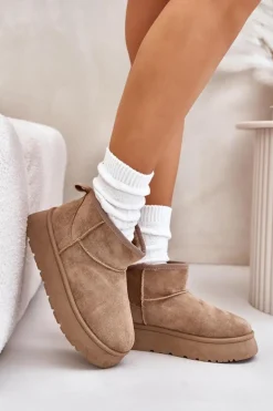 Niskie Śniegowce Damskie Na Platformie Ocieplane Futerkiem Beżowe Saldren