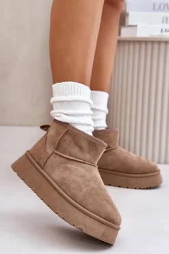 Niskie Śniegowce Damskie Na Platformie Ocieplane Futerkiem Beżowe Saldren