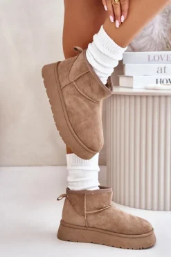 Niskie Śniegowce Damskie Na Platformie Ocieplane Futerkiem Beżowe Saldren