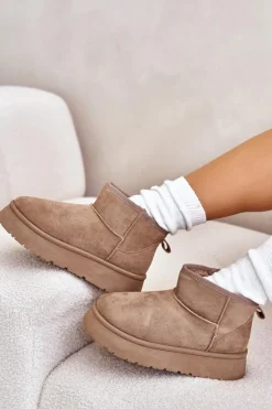 Niskie Śniegowce Damskie Na Platformie Ocieplane Futerkiem Beżowe Saldren