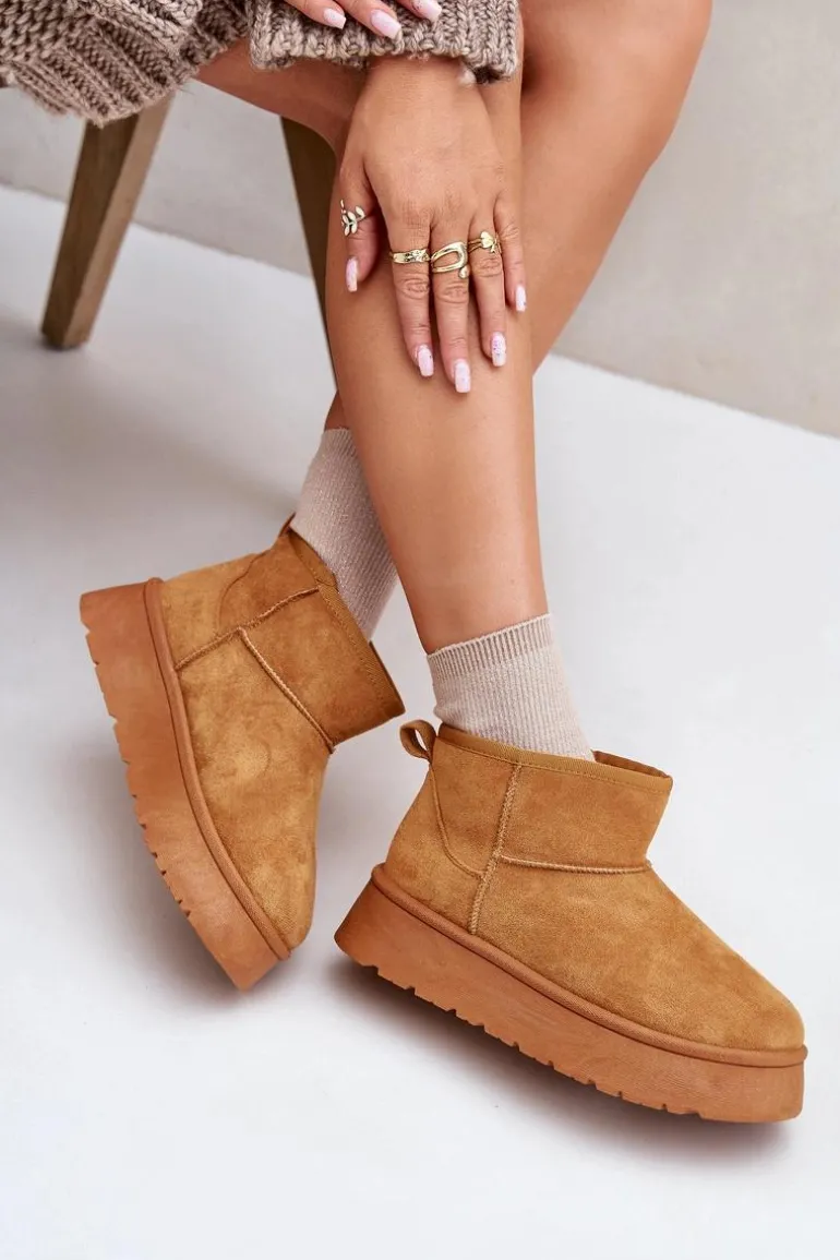 Niskie Śniegowce Damskie Na Platformie Ocieplane Futerkiem Camel Saldren