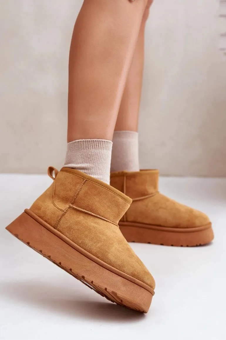 Niskie Śniegowce Damskie Na Platformie Ocieplane Futerkiem Camel Saldren