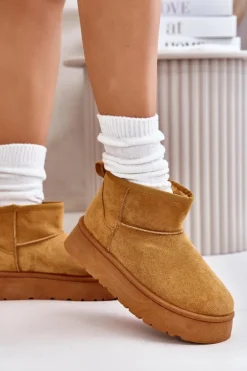 Niskie Śniegowce Damskie Na Platformie Ocieplane Futerkiem Camel Saldren