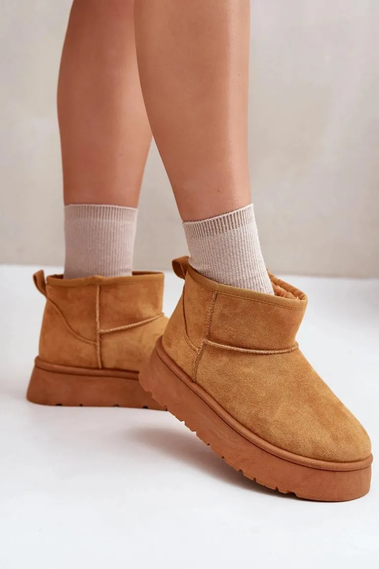 Niskie Śniegowce Damskie Na Platformie Ocieplane Futerkiem Camel Saldren