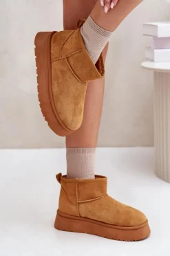 Niskie Śniegowce Damskie Na Platformie Ocieplane Futerkiem Camel Saldren