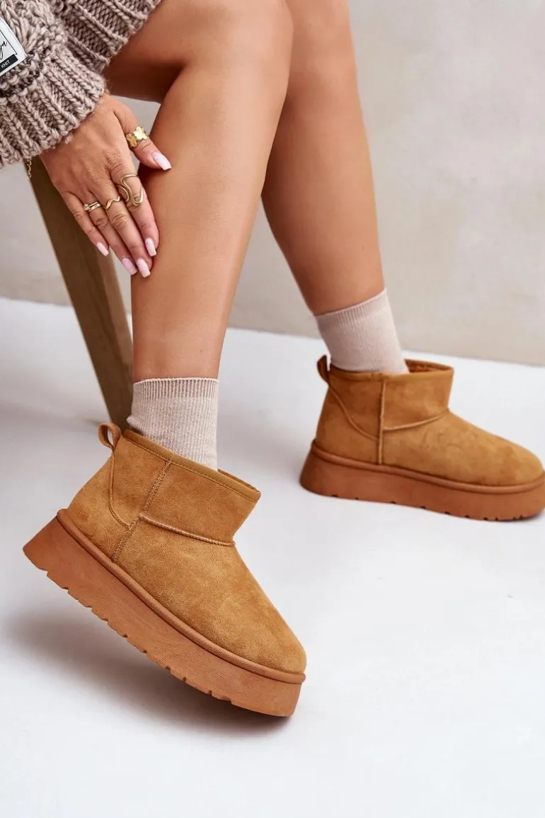 Niskie Śniegowce Damskie Na Platformie Ocieplane Futerkiem Camel Saldren