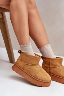 Niskie Śniegowce Damskie Na Platformie Ocieplane Futerkiem Camel Saldren