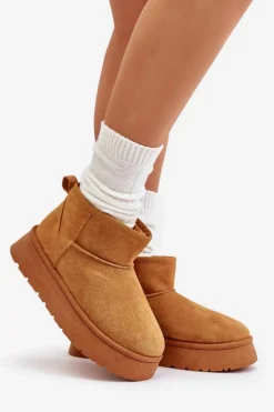 Niskie Śniegowce Damskie Na Platformie Ocieplane Futerkiem Camel Saldren