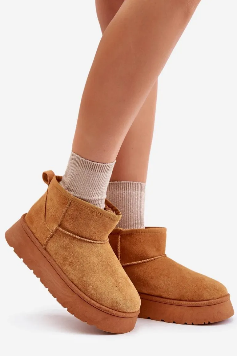 Niskie Śniegowce Damskie Na Platformie Ocieplane Futerkiem Camel Saldren