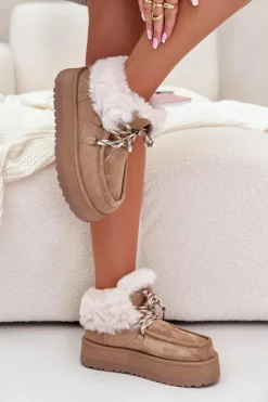 Niskie Śniegowce Damskie Na Platformie Z Futerkiem Ciemnobeżowe Neathren