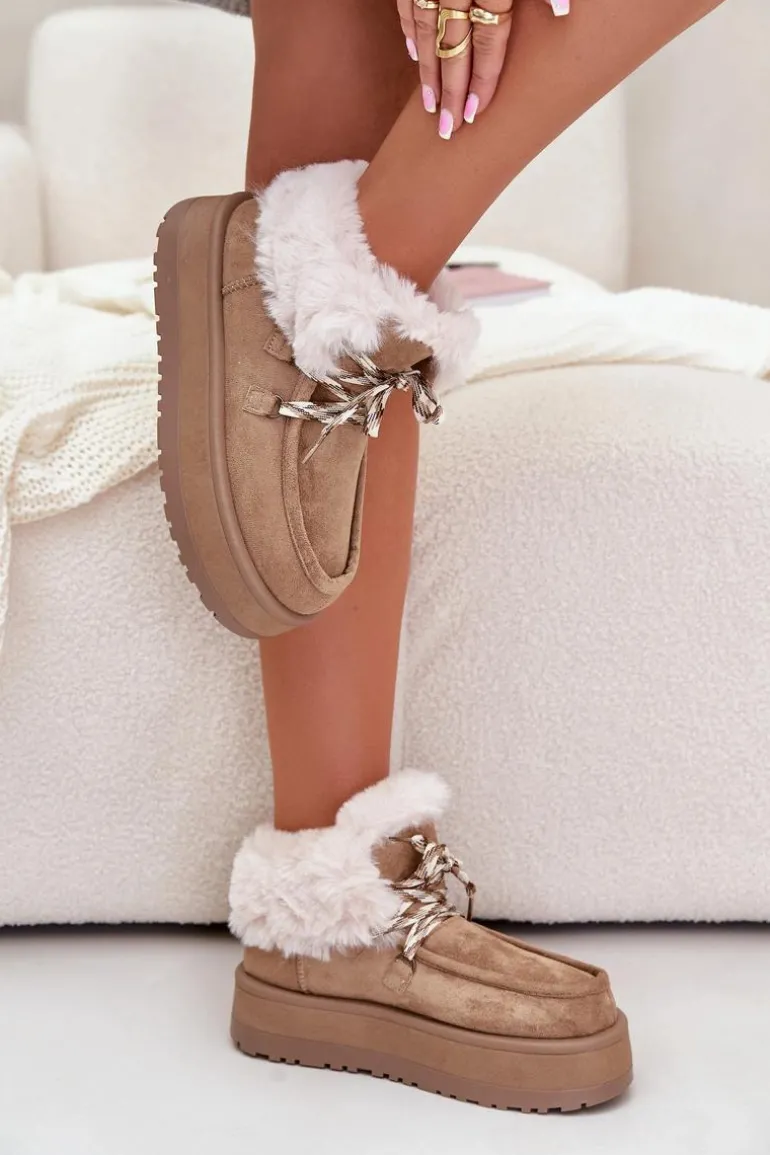 Niskie Śniegowce Damskie Na Platformie Z Futerkiem Ciemnobeżowe Neathren