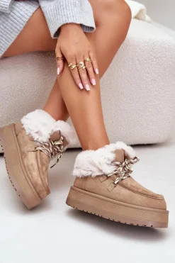 Niskie Śniegowce Damskie Na Platformie Z Futerkiem Ciemnobeżowe Neathren