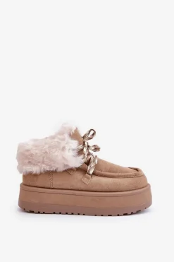 Niskie Śniegowce Damskie Na Platformie Z Futerkiem Ciemnobeżowe Neathren
