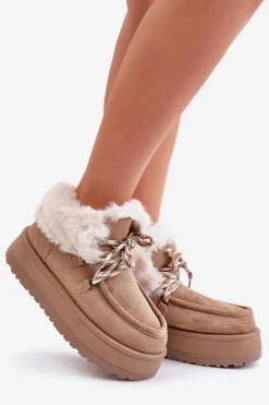 Niskie Śniegowce Damskie Na Platformie Z Futerkiem Ciemnobeżowe Neathren