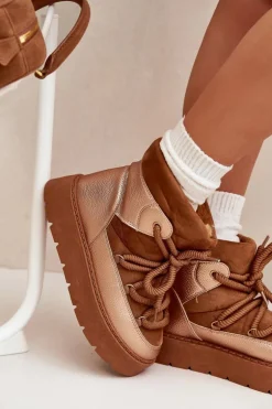 Niskie Śniegowce Damskie Ocieplane Futerkiem Z Grubym Wiązaniem Camel Xarina