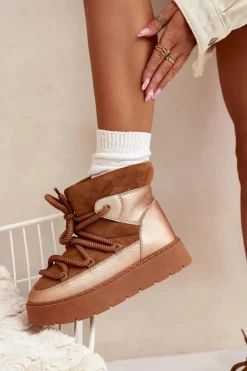 Niskie Śniegowce Damskie Ocieplane Futerkiem Z Grubym Wiązaniem Camel Xarina