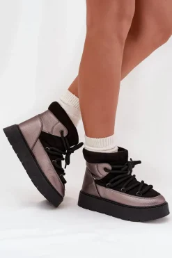 Niskie Śniegowce Damskie Ocieplane Futerkiem Z Grubym Wiązaniem Czarne Xarina