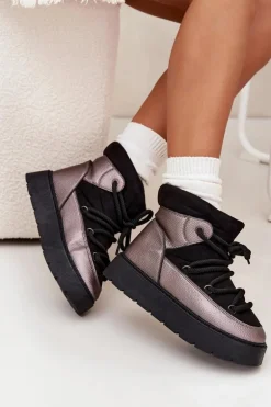 Niskie Śniegowce Damskie Ocieplane Futerkiem Z Grubym Wiązaniem Czarne Xarina