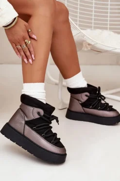 Niskie Śniegowce Damskie Ocieplane Futerkiem Z Grubym Wiązaniem Czarne Xarina