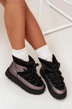 Niskie Śniegowce Damskie Ocieplane Futerkiem Z Grubym Wiązaniem Czarne Xarina