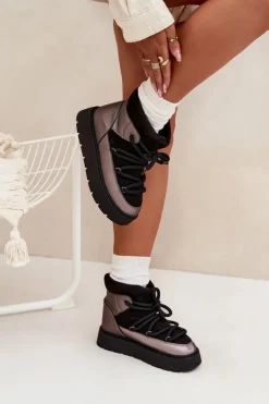 Niskie Śniegowce Damskie Ocieplane Futerkiem Z Grubym Wiązaniem Czarne Xarina