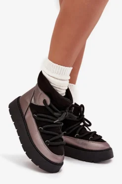 Niskie Śniegowce Damskie Ocieplane Futerkiem Z Grubym Wiązaniem Czarne Xarina