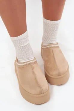 Niskie Śniegowce Damskie Z Haftem Na Platformie Jasnobeżowe Narirya