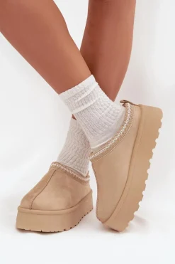 Niskie Śniegowce Damskie Z Haftem Na Platformie Jasnobeżowe Narirya