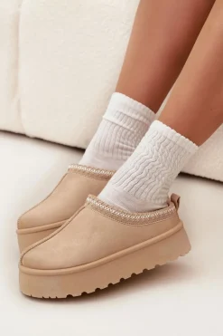 Niskie Śniegowce Damskie Z Haftem Na Platformie Jasnobeżowe Narirya