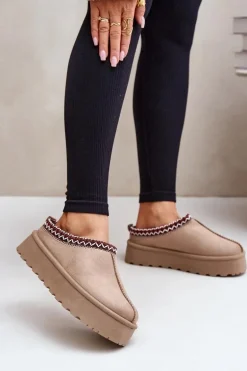 Niskie Śniegowce Damskie Z Haftem Na Platformie Ciemnobeżowe Narirya