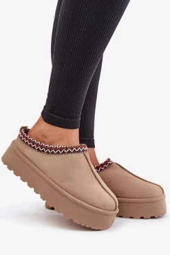 Niskie Śniegowce Damskie Z Haftem Na Platformie Ciemnobeżowe Narirya