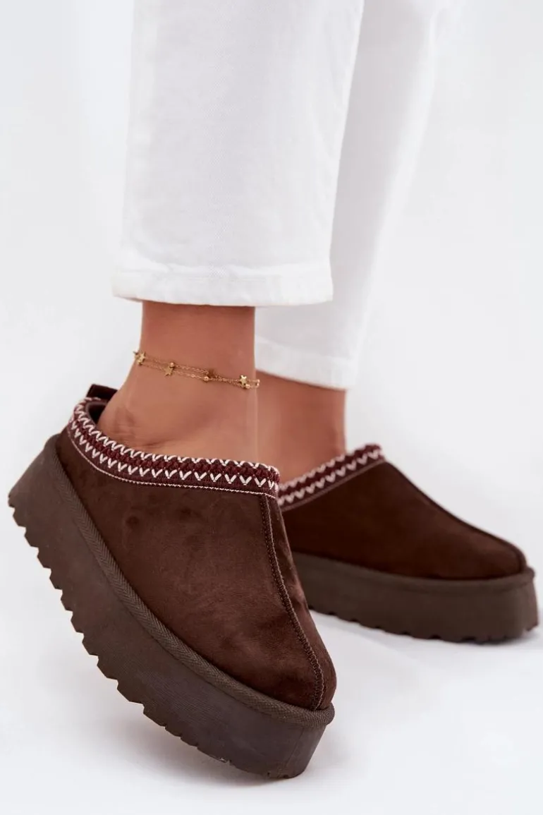 Niskie Śniegowce Damskie Z Haftem Na Platformie Czekoladowe Narirya