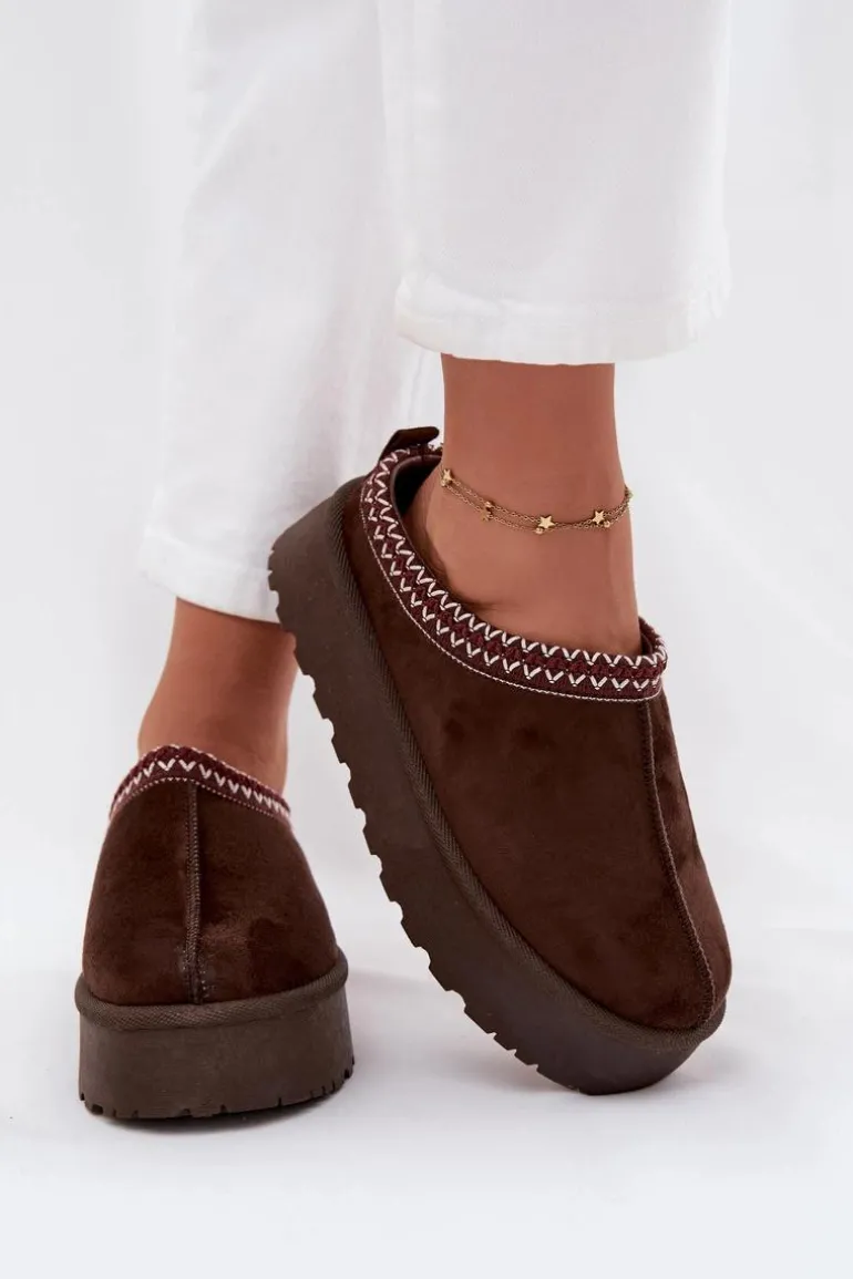 Niskie Śniegowce Damskie Z Haftem Na Platformie Czekoladowe Narirya