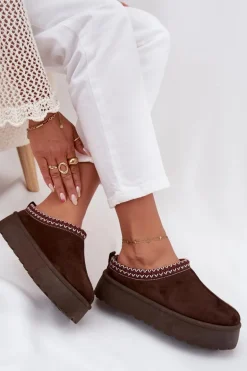 Niskie Śniegowce Damskie Z Haftem Na Platformie Czekoladowe Narirya