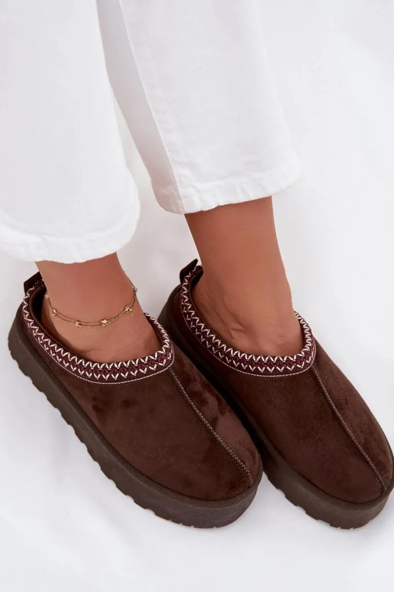 Niskie Śniegowce Damskie Z Haftem Na Platformie Czekoladowe Narirya